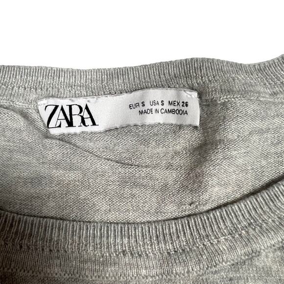 Zara Sweater Crop Grey Crew Neck Side Slit Long Sleeve Knit Pullover Women's S - Picture 3 of 10
